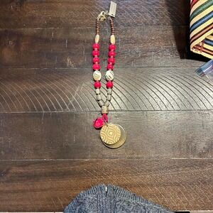NWT Chico's Unique beaded necklace with a mix of red, white, and gold tones